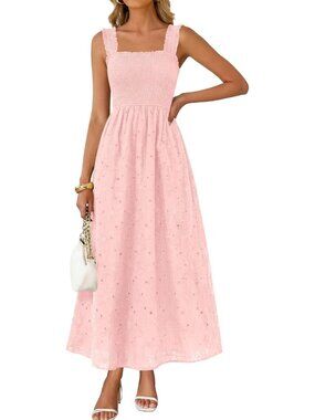 🆕 Women's Pink Boho Sleeveless Square Neck Cotton Flowy Long Maxi Dress